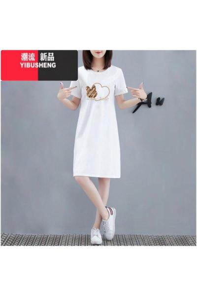 YIBUSHENG2024新款白色过膝长裙女韩版宽松短袖t恤裙时尚休闲中长款连衣裙