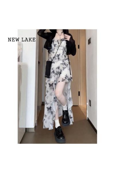 NEW LAKE高个子加长版新中式连衣裙夏季水墨国风晕染印花不规则吊带长裙子