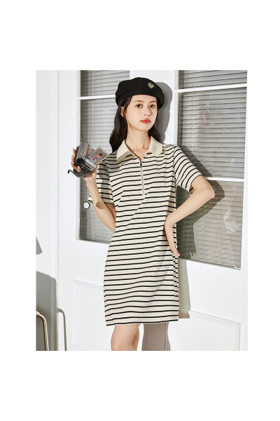 [1折价52.9元,叠加优惠券]唐狮休闲条纹Polo连衣裙女新款夏季女装小个子宽松裙子夏装短袖女