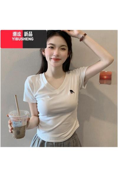 YIBUSHENGV领白色正肩短袖t恤女装季2024新款小个子修身显瘦短款辣妹上衣