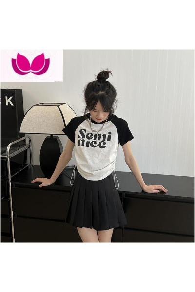 七斓拼色插肩短袖T恤2023年春季新款女装别致修身抽绳字母印花上衣潮