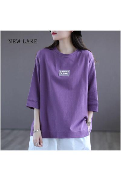 NEW LAKE七分袖紫色t恤女时尚贴标短袖打底衫休闲宽松大码女装春夏季上衣