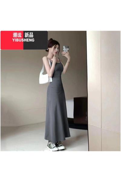 YIBUSHENG黑色修身吊带连衣裙女季2023新款气质收腰显瘦内搭A字长款裙子