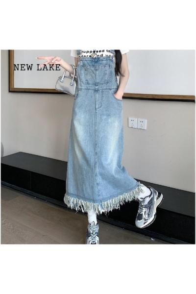 NEW LAKE2024秋新款韩版牛仔背带裙女小个子减龄口袋连衣裙设计感流苏长裙