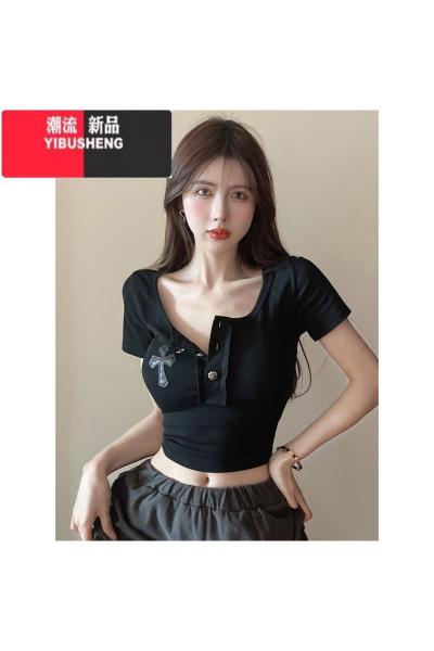 YIBUSHENG美式复古潮牌设计感短袖T恤女季修身纯欲辣妹方领短款露脐上衣