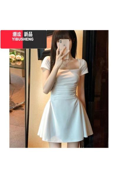 YIBUSHENG法式纯欲白色连衣裙子女收腰气质设计感修身显瘦辣妹a字长裙季