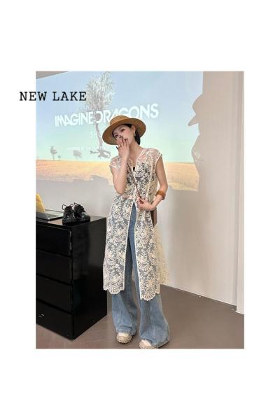 NEW LAKE仙蕾丝镂空连衣裙春装女2024年新款女罩衫裙绝美别致复古长裙潮