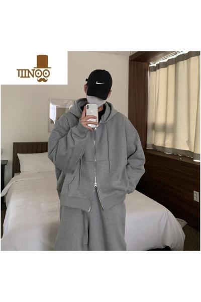 YANXU早春灰色连帽开衫卫衣外套男宽松美式卫裤套装套休闲韩版男装