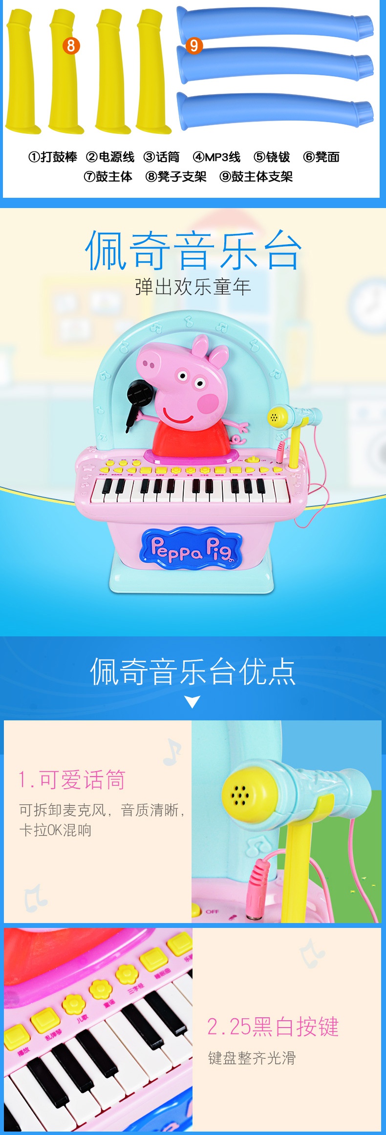 小猪佩奇玩具乐器儿童电子琴音乐鼓麦克风架子鼓尤克里里迷你钢琴佩奇
