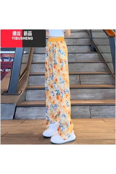 YIBUSHENG醋酸缎面直筒休闲裤女大码季薄款冰丝高腰显瘦松紧腰垂感阔腿裤