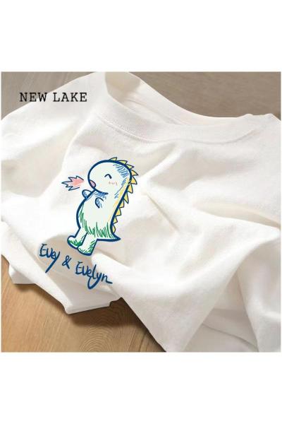 NEW LAKE白色盐系纯棉短袖t恤女夏季宽松2024年新款女装印花日韩简约上衣