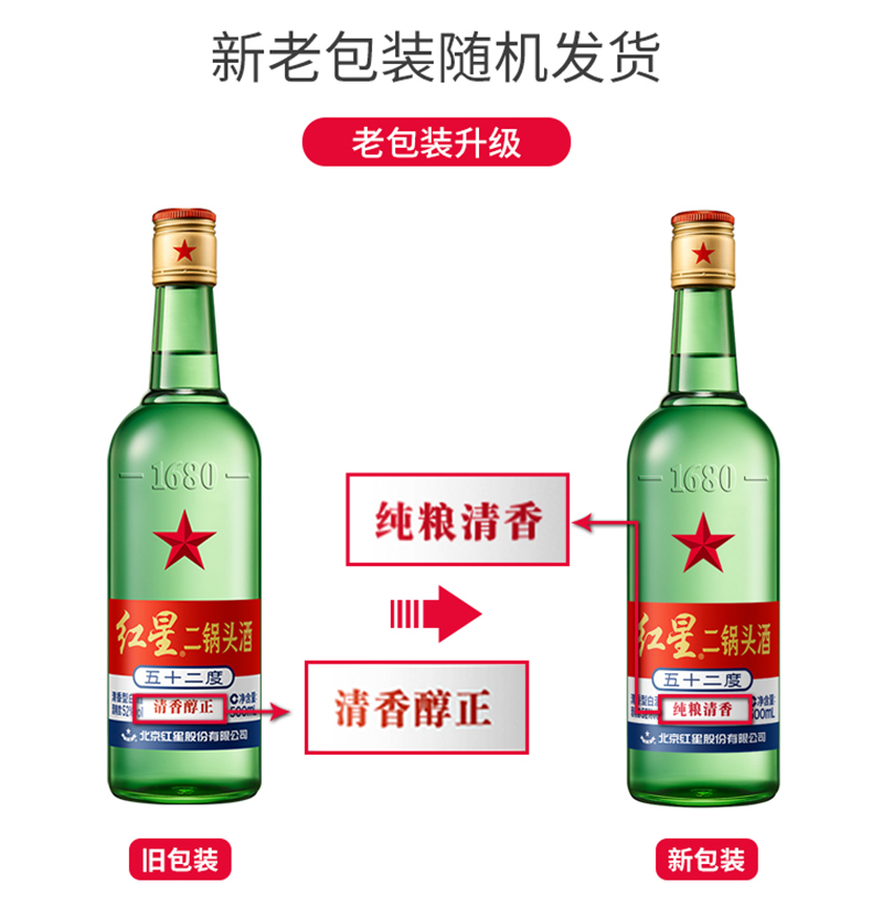 红星二锅头52度大二500ml清香型白酒整箱12瓶装粮食酒