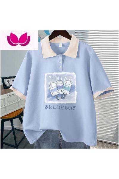 七斓正肩t恤女夏短袖夏装2023年新款夏季女装polo衫美式翻领上衣