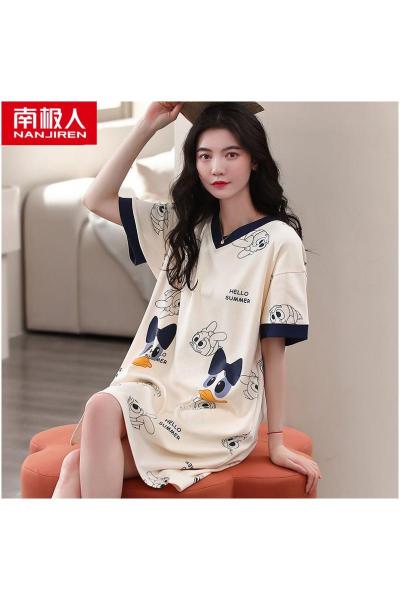 睡裙女夏季2023年新款春秋短袖可爱大码宽松薄款睡衣连衣裙子