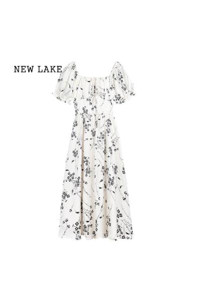 NEW LAKE法式高级白色方领碎花连衣裙温柔风设计感小众收腰长裙子2024夏季