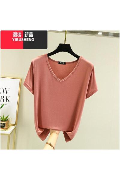 YIBUSHENG莫代尔V领短袖打底衫女季内搭大码纯色薄款上衣宽松休闲显瘦T恤