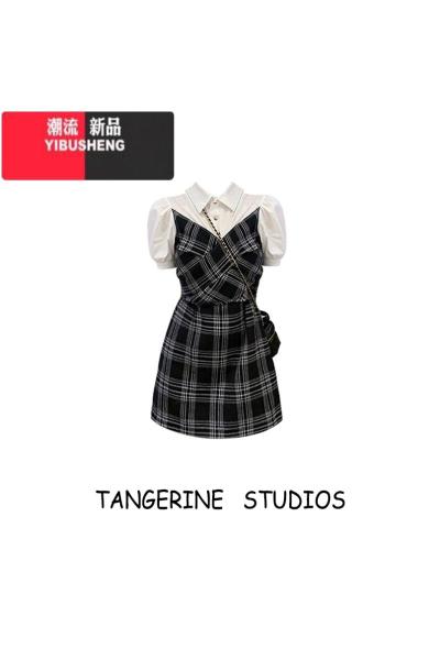 YIBUSHENG假两件衬衫拼接格子连衣裙女2024新款小众设计感学院风短款裙子