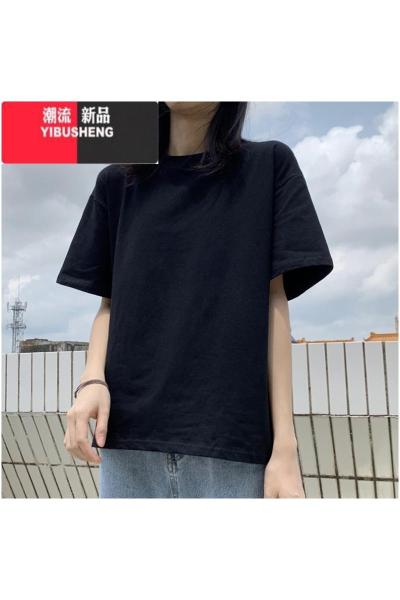 YIBUSHENG棉质装短袖t恤女黑色宽松显瘦半袖大码韩版2023新款上衣服ins潮