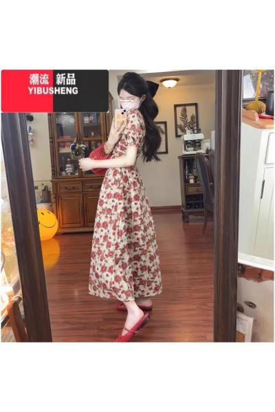 YIBUSHENG法式气质v领泡泡袖碎花连衣裙子女季2024新款小个子高级感长裙