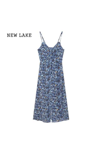 NEW LAKE法式碎花v领吊带连衣裙女装夏季甜辣妹裙子蓝色复古气质开叉长裙