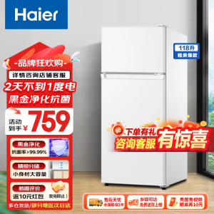 海尔(Haier)118升小型迷你电冰箱租房办公家用超薄节能省电冷藏冷冻二门两门冰箱BCD-118GHTMZ0WV