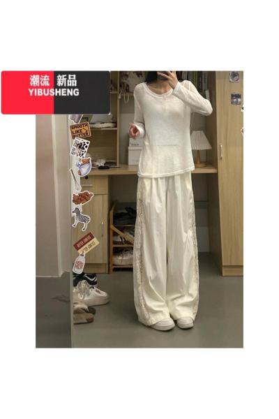 YIBUSHENG肌理感蕾丝拼接休闲裤女2024季小众设计感高腰显瘦薄款垂感长裤