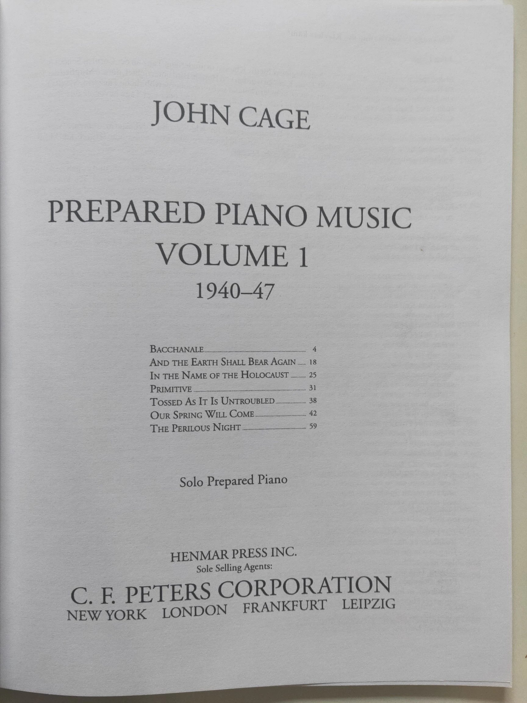 彼得斯原版进口乐谱书约翰凯奇音乐集19401947卷一钢琴独奏johncage