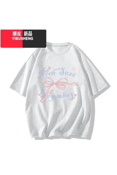 YIBUSHENG奶黄色短袖t恤女季新款设计感小众字母蝴蝶结小个子上衣潮