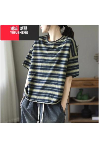 YIBUSHENG半袖体恤宽松大码女装季新款韩版设计感小众条纹短袖t恤女上衣