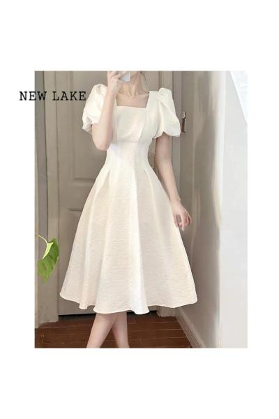 NEW LAKE泡泡袖连衣裙女装夏季长裙白色裙子2024年新款法式小个子显瘦春秋