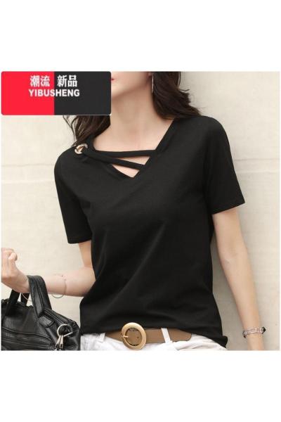 YIBUSHENG黑色短袖t恤女士2024新款宽松正肩显瘦v领设计感大码上衣镂空