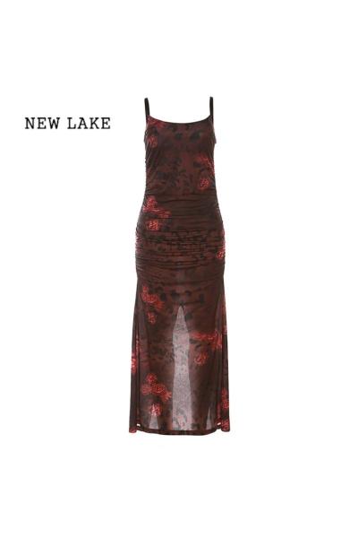 NEW LAKE复古国潮印花吊带裙女修身性感设计感连衣裙显瘦长裙子夏季