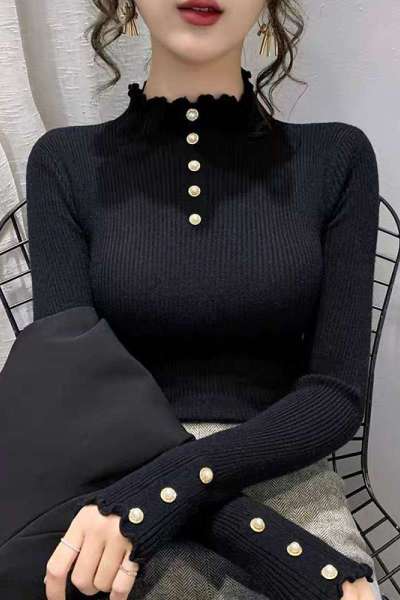 木耳边半高领加厚打底衫毛衣女2023秋冬新款修身针织套头洋气上衣