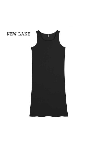 NEW LAKE莉莉[3.20新品]大码无袖背心吊带连衣裙女胖mm气质U领心机长裙
