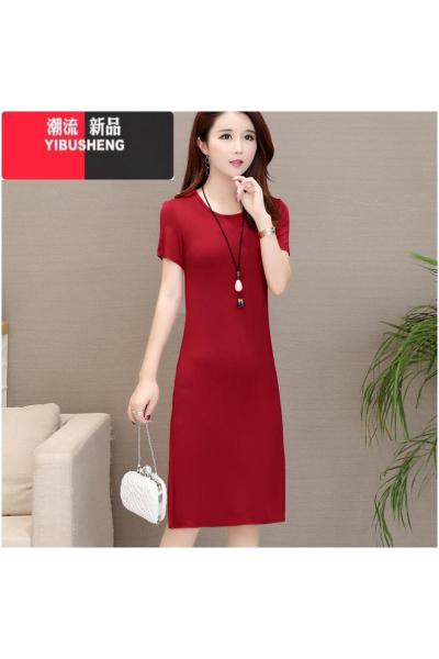 YIBUSHENG莫代尔短袖中长款T恤裙过膝宽松大码胖mm打底连衣裙上衣打底衫