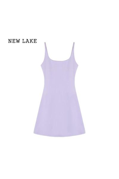 NEW LAKE纯欲风性感吊带裙女夏季裙子收腰显瘦a字连衣裙紫色短裙