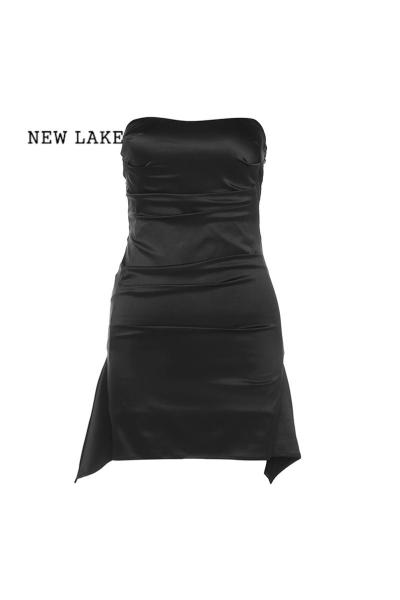 NEW LAKE 气质高级感复古纯色抹胸连衣裙女设计感褶皱显瘦不规则短裙
