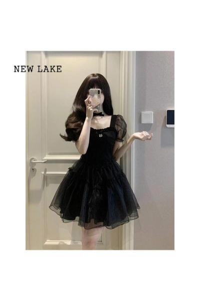 NEW LAKE泡泡袖黑色连衣裙女夏季法式高级感气质蓬蓬公主裙收腰小个子短裙