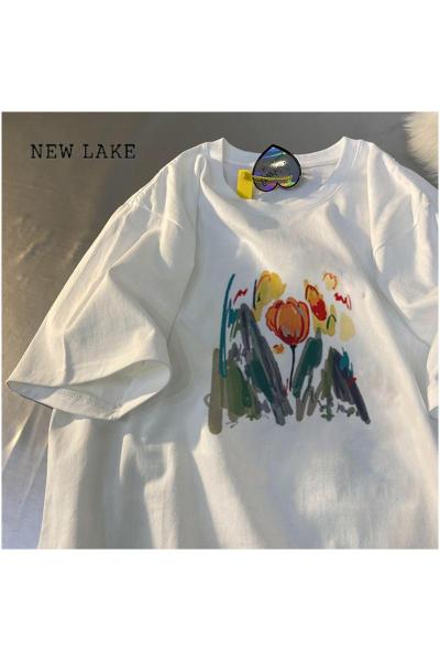 NEW LAKE纯棉日系花朵印花短袖t恤女夏季甜美设计感小众宽松百搭显瘦上衣
