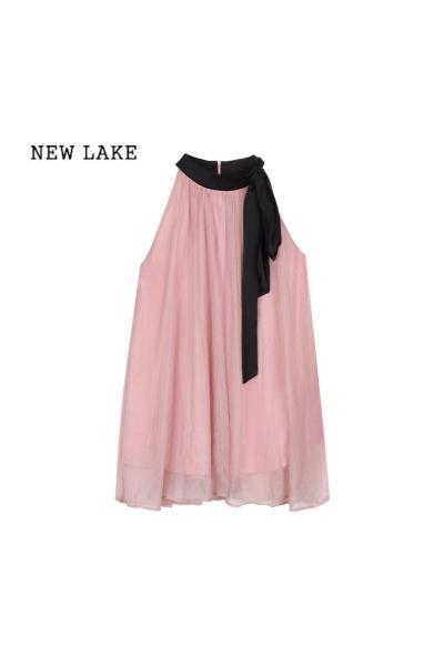 NEW LAKE甜美气质粉色挂脖连衣裙女夏季氛围感裙子高级别致网纱裙