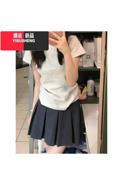 YIBUSHENG美式正肩短袖t恤女季甜辣修身显瘦别致小众打底衫紧身上衣