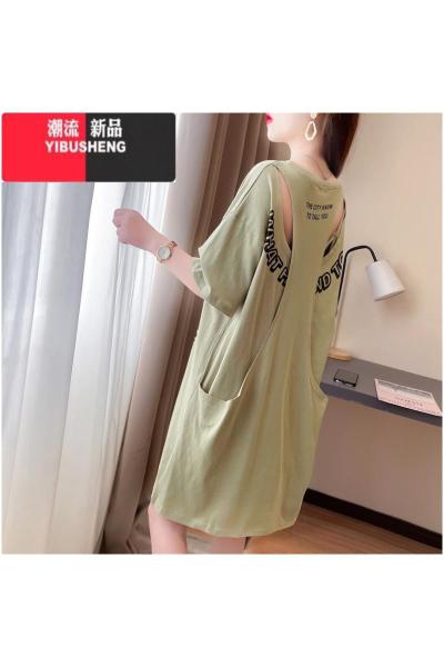 YIBUSHENG短袖t恤女韩版百搭宽松中长款假两件露背半袖上衣过膝连衣裙子