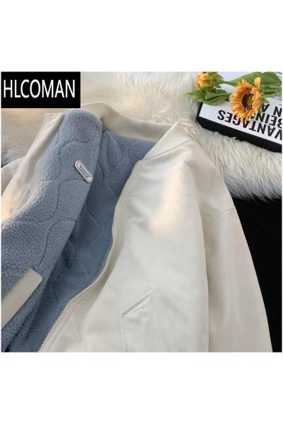 HLCOMAN两面穿羔绒外套男冬季美式潮牌立领棒球服夹克高级感棉衣服袄子