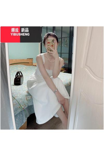 YIBUSHENG白色无袖吊带连衣裙女季2024年新款高级感法式气质方领收腰长裙