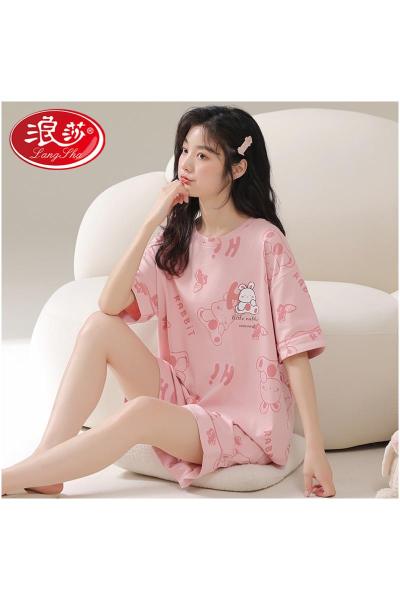 浪莎睡衣女款2025新款夏季短袖短裤套装女士可爱甜美可外穿家居服