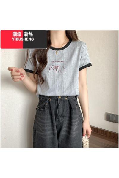 YIBUSHENG高腰短款短袖T恤女季ins潮宽松韩版小众洋气减龄chic港味上衣服