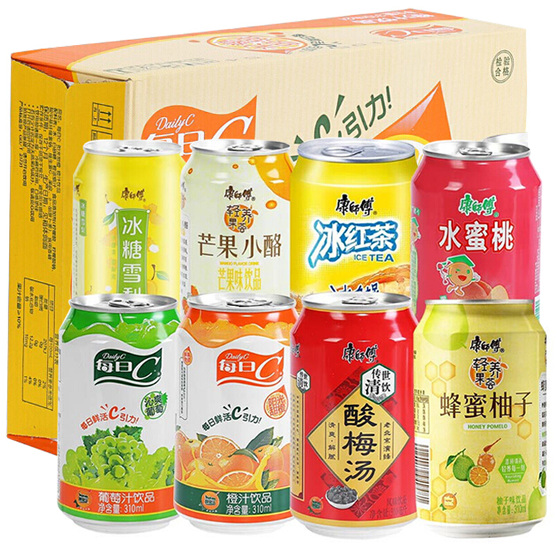 康师傅 果汁饮料310ml*24罐整箱芒果汁葡萄汁橙汁冰红茶酸梅汤冰糖