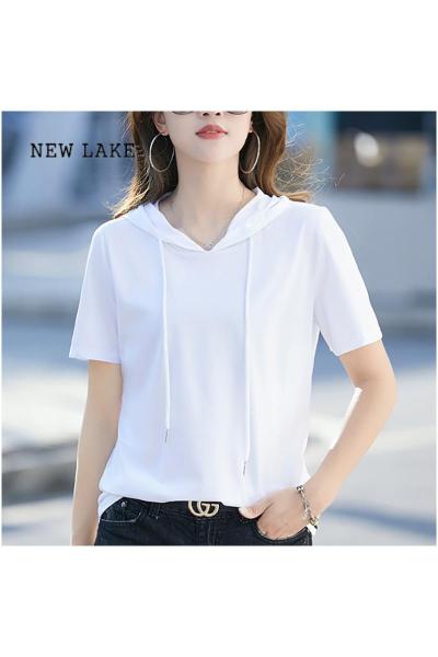 NEW LAKE白色连帽短袖t恤女夏季宽松设计感小众韩系chic别致甜美女装上衣