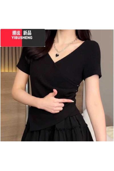 YIBUSHENG不规则交叉V领正肩短袖T恤女2024季大码胖mm遮肚子显瘦收腰上衣