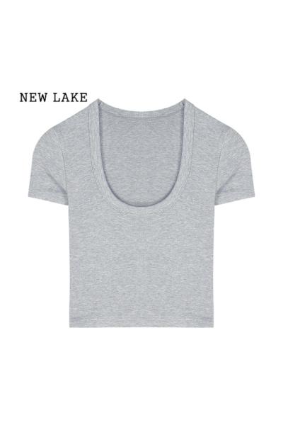 NEW LAKE白色修身弹力短袖T恤女装夏季纯棉短款显瘦设计感小众上衣打底衫